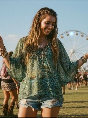 Boho Floral Print Blouse Y2K embellishments. Size Large